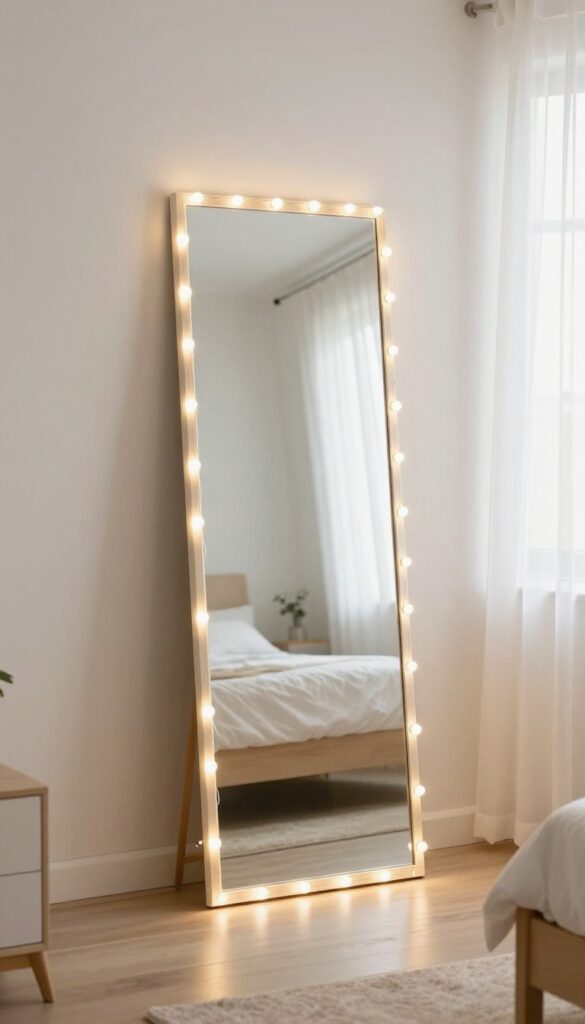 Full-length mirror with warm white fairy lights outlining the frame, glowing softly in a bright, cozy bedroom.