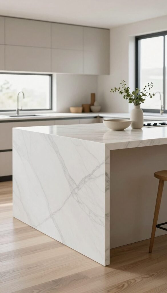 Modern kitchen island with a waterfall countertop edge in white marble-look quartz, flowing seamlessly from countertop to floor in bright natural light.