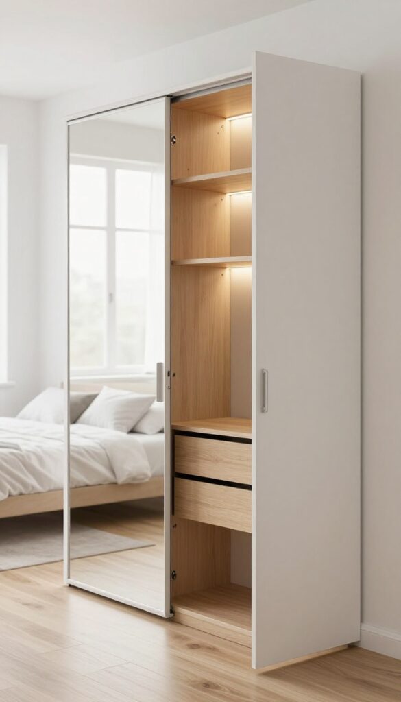 Small bright bedroom with a sliding mirror wardrobe, its doors open to show organized hidden storage with shelves, drawers, shoe racks, and soft interior LED lighting.