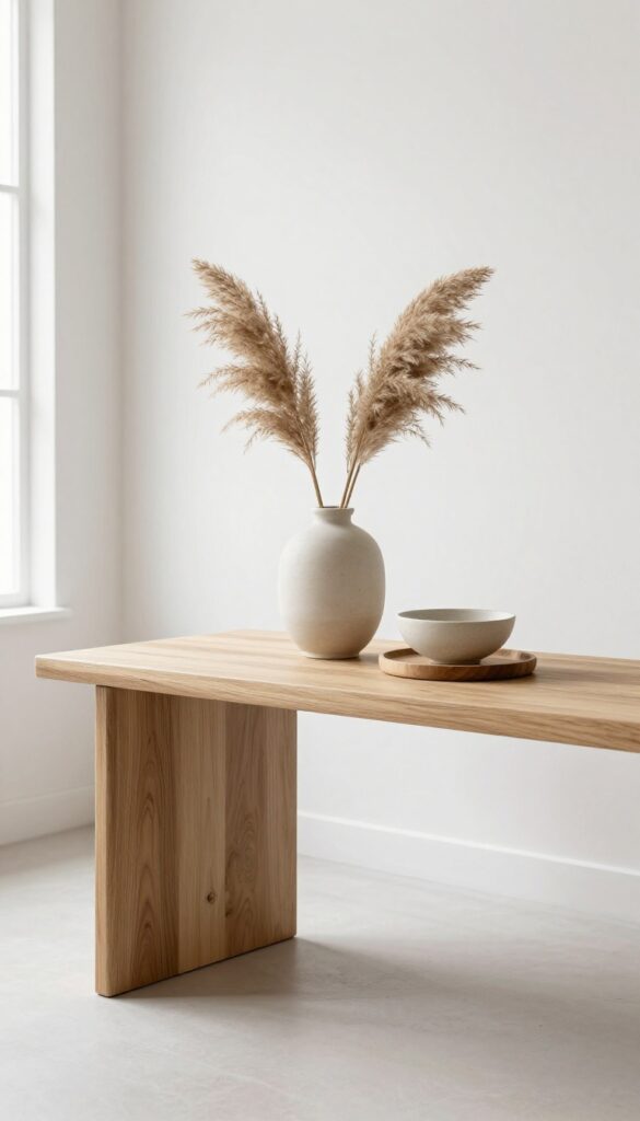 Organic modern living room console table styled with a tall ceramic vase, a medium stoneware bowl, and a low sculptural object in neutral tones under bright natural light.
