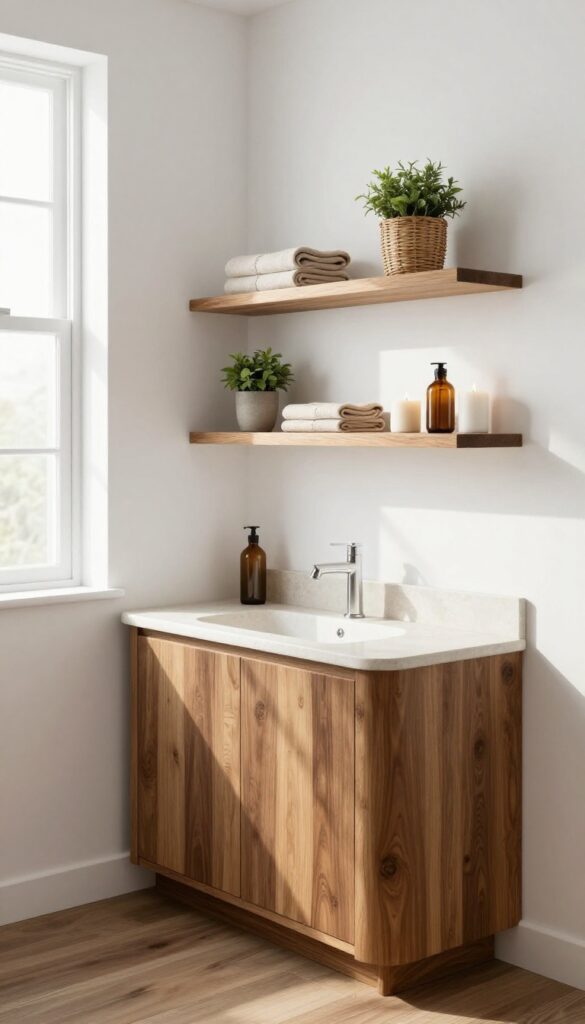 Cozy bathroom storage wall with wooden cabinets, stone countertop shelf, and staggered open shelves holding folded towels, baskets, plants, and candles in bright natural light.