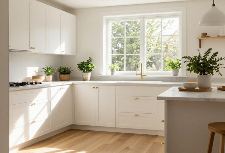 Bright cozy kitchen with warm white cabinets, brass hardware, and natural light