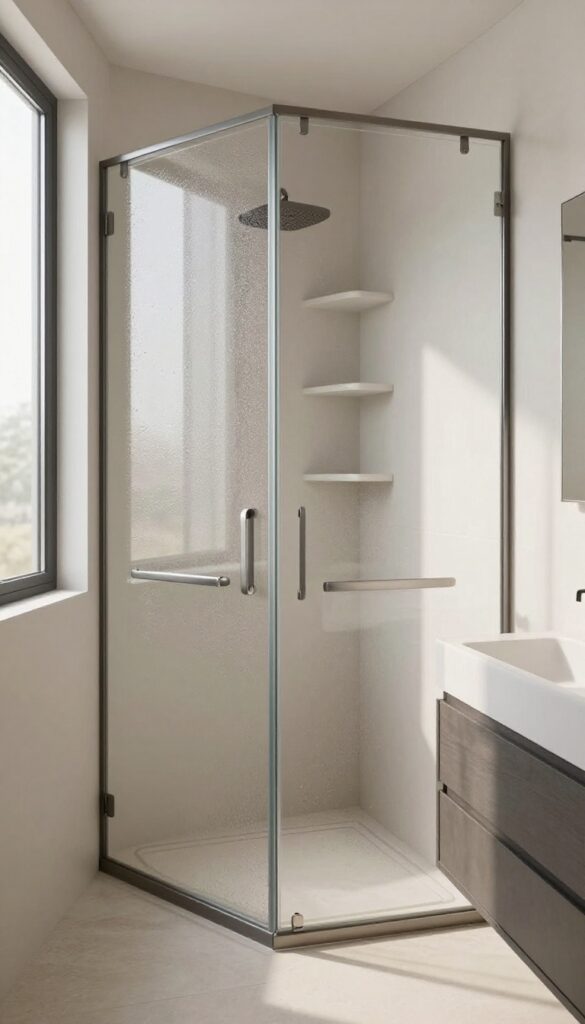 Modern bathroom with a frosted glass shower cubicle that softly diffuses light for added privacy while keeping the space bright and open.