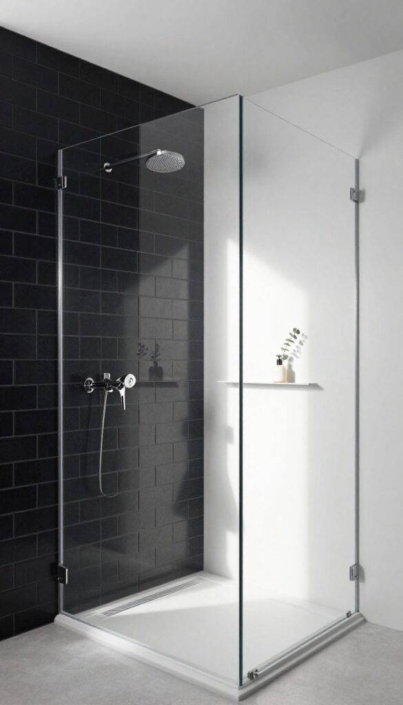 Walk-in shower with a bold black vertical tile accent wall behind the showerhead, contrasted by light surrounding walls and bright natural light