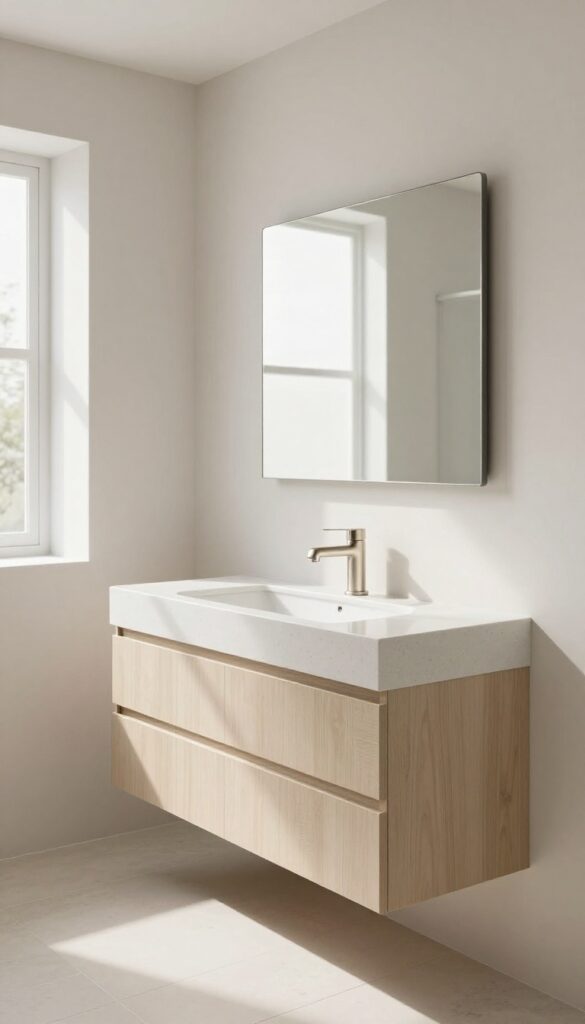 Bright modern bathroom with a slim narrow-depth floating vanity, wall-mounted faucet, and open walkway space, photographed in natural light.