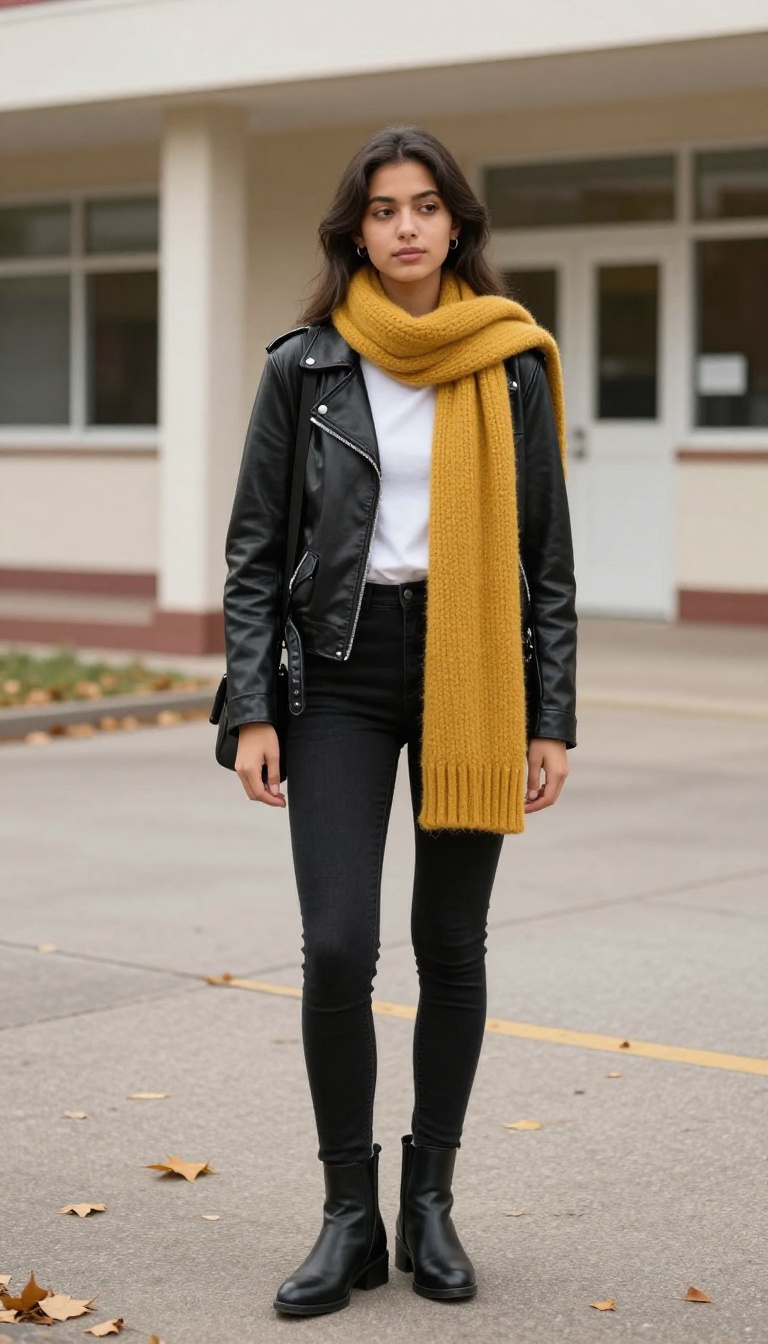 15. Faux Leather Jacket with Black Jeans and a Scarf