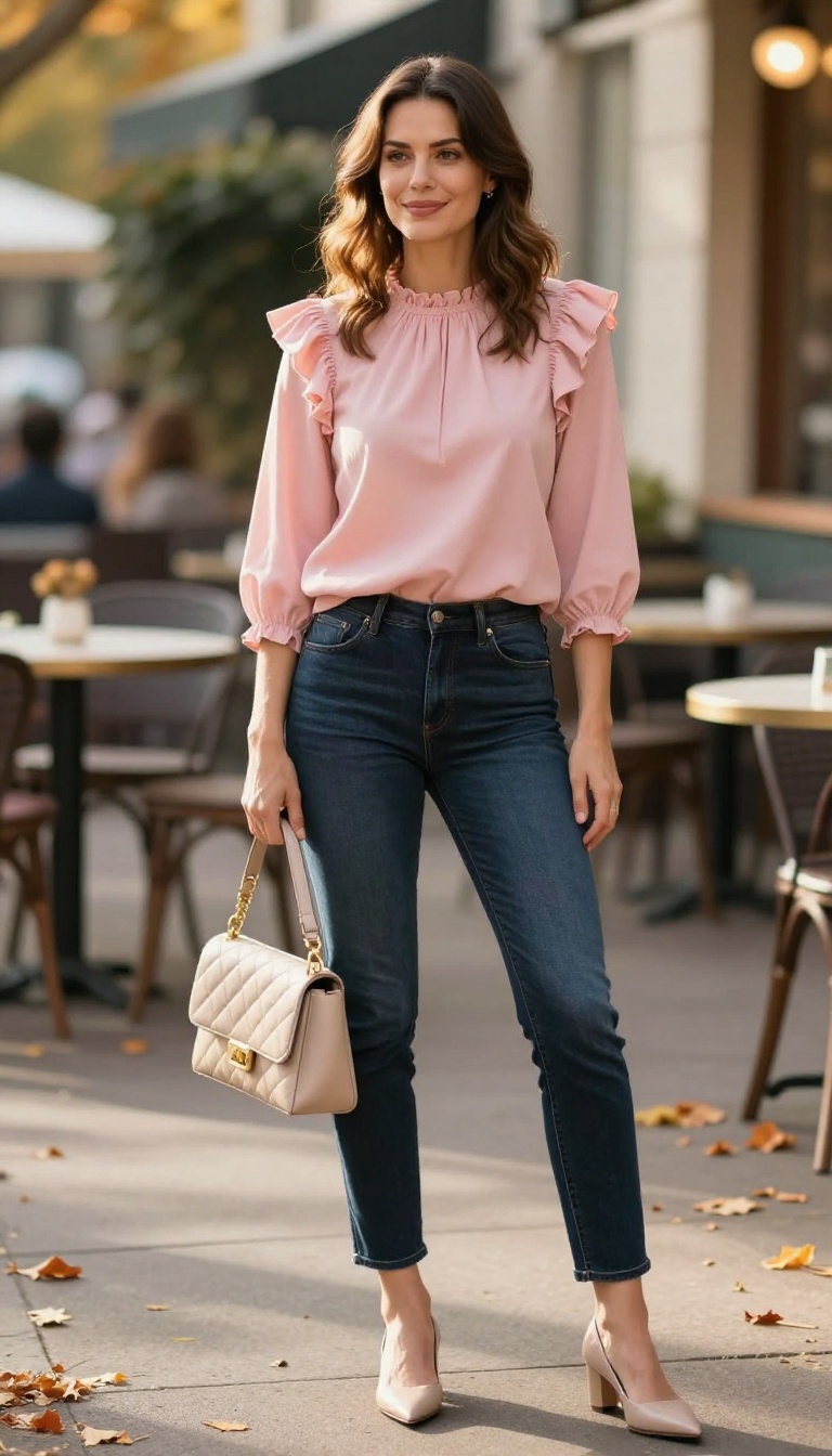 10. Feminine: Ruffled Blouse and Dark Wash Bootcut Jeans