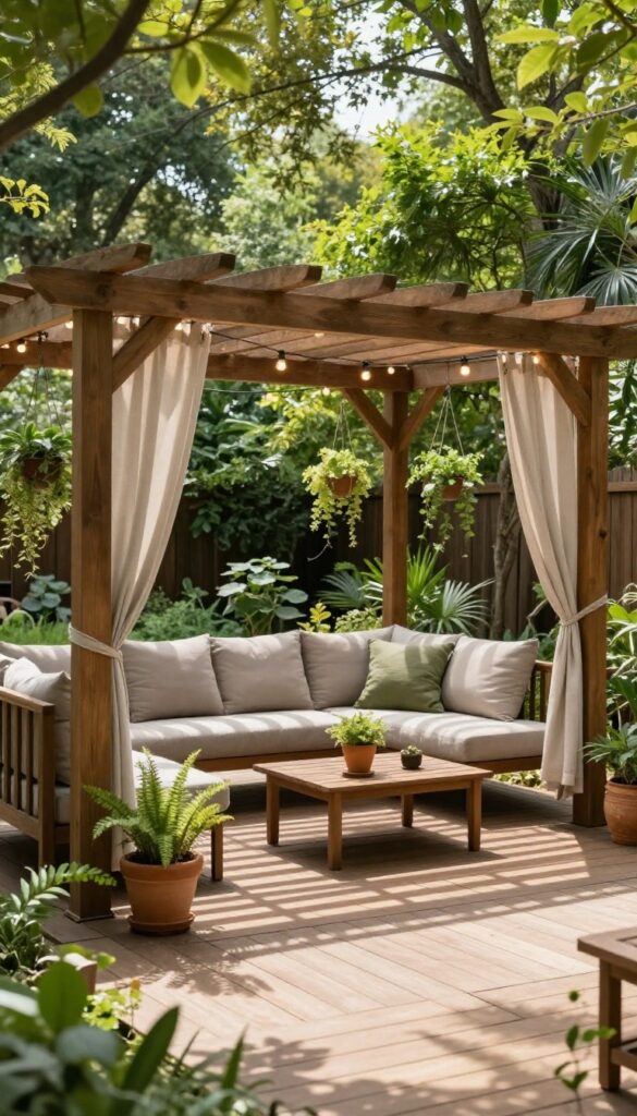 Wooden backyard deck with a classic wood pergola overhead, cozy outdoor seating, string lights, hanging planters, and light curtains creating an outdoor room feel in bright natural light