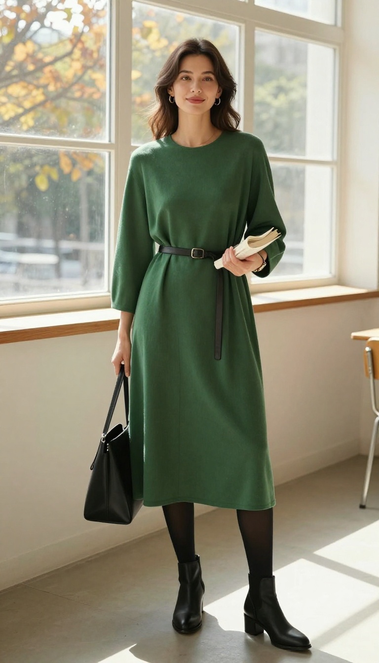 11. Emerald Green Midi Dress with a Belted Cardigan