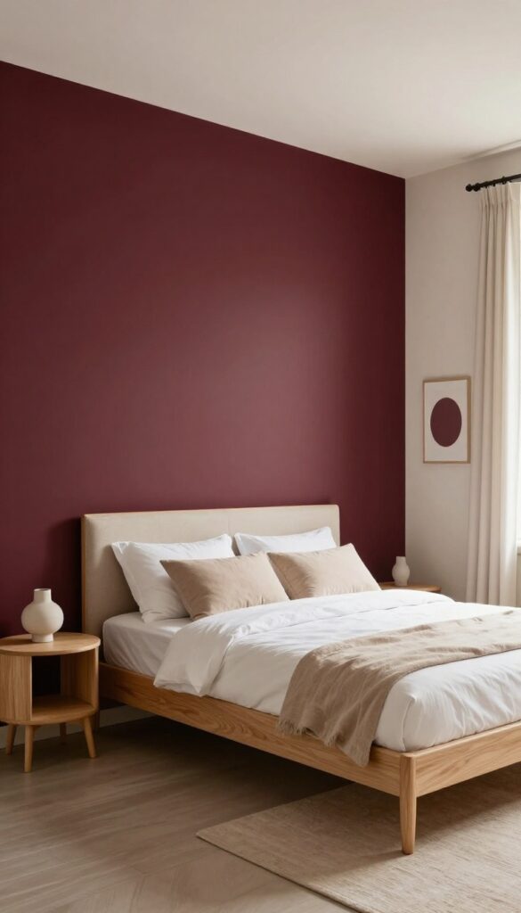 Bright bedroom with a deep maroon accent wall behind a light wood headboard, white bedding, neutral surrounding walls, and soft natural light.