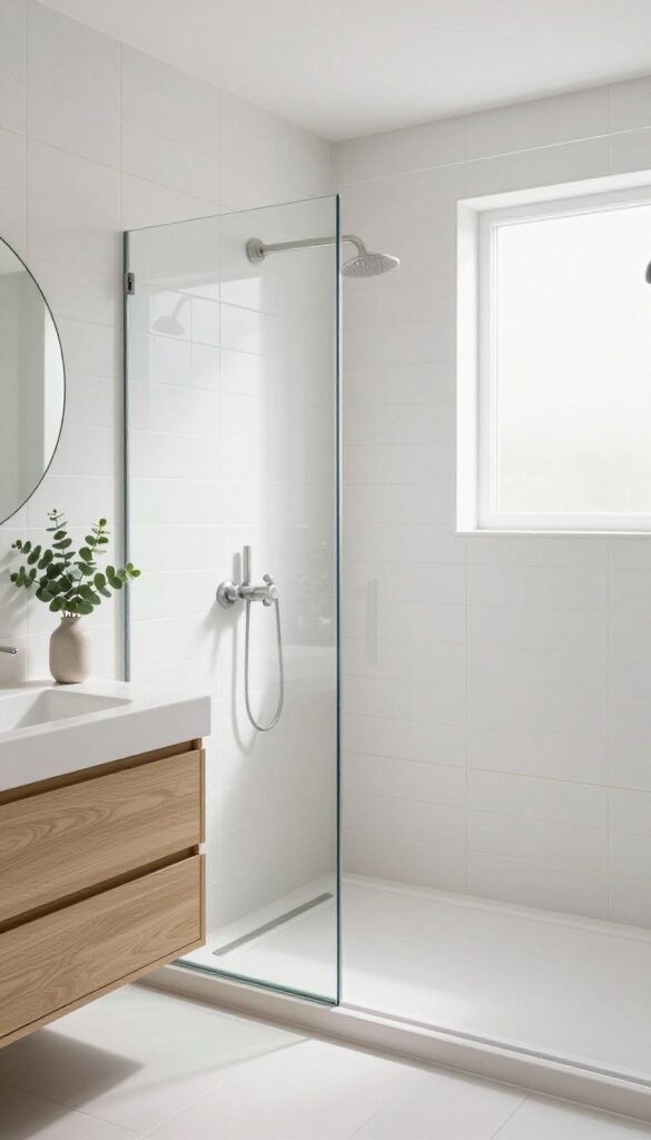 Bright modern bathroom shower with large white rectangular tiles in a horizontal stacked layout and thin matching grout lines, glass panel, light oak vanity, and natural daylight.