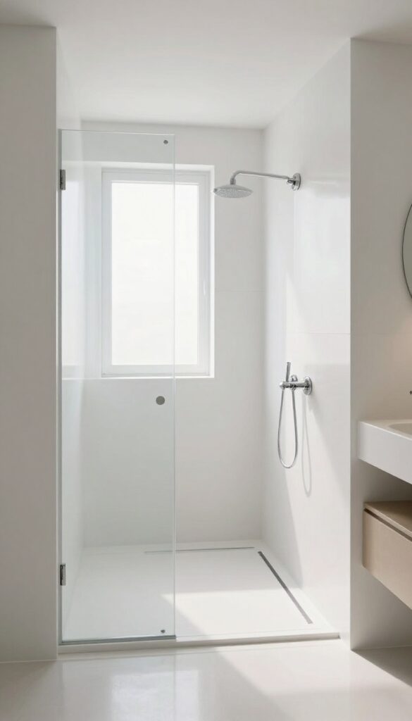 Bright small bathroom with a walk-in shower lined in large seamless high-gloss white wall panels that reflect natural light, creating an open hotel-like feel.