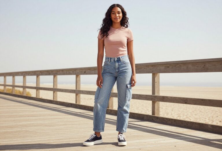 Woman in Y2K skater outfit with baggy jeans and baby tee standing on a boardwalk.