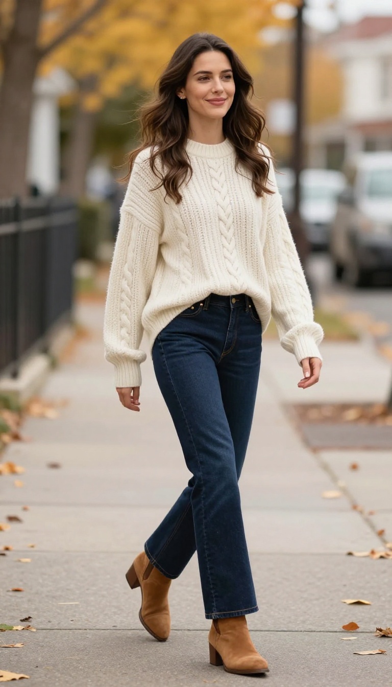 1. Chunky Cable-Knit Sweater and Dark Wash Flares