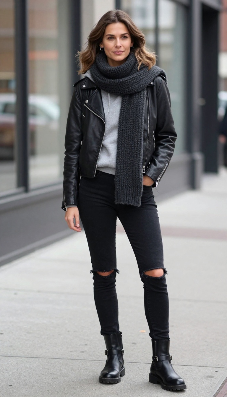 7. Distressed Jeans and Moto Boots for an Edgy Vibe