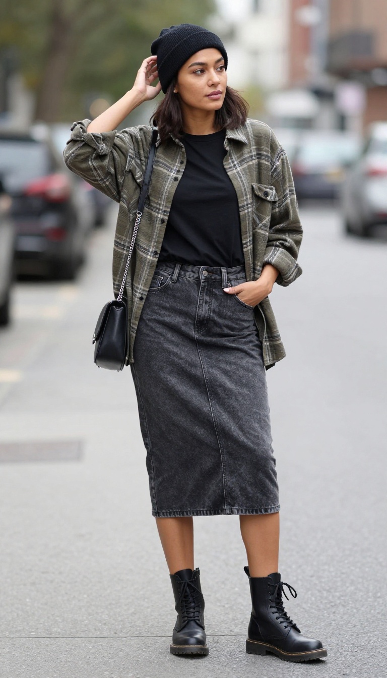 3. Charcoal Denim Skirt with a Flannel Shirt and Beanie