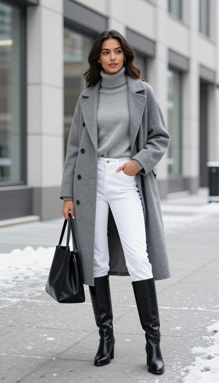 11. White Jeans + Grey Sweater + Black Knee-High Boots