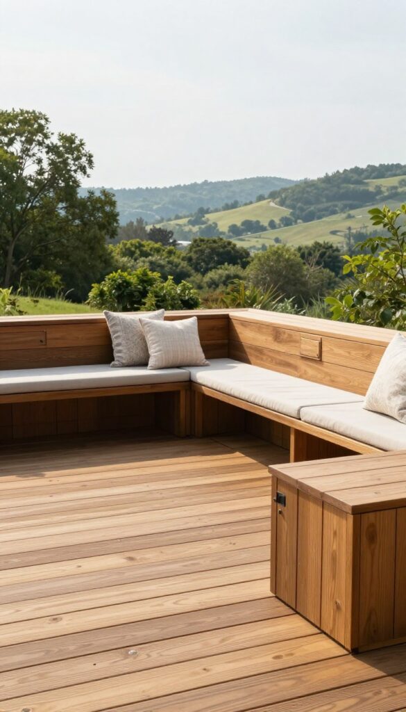 Elevated deck with built-in corner bench seating and neutral cushions overlooking a scenic view in bright natural light