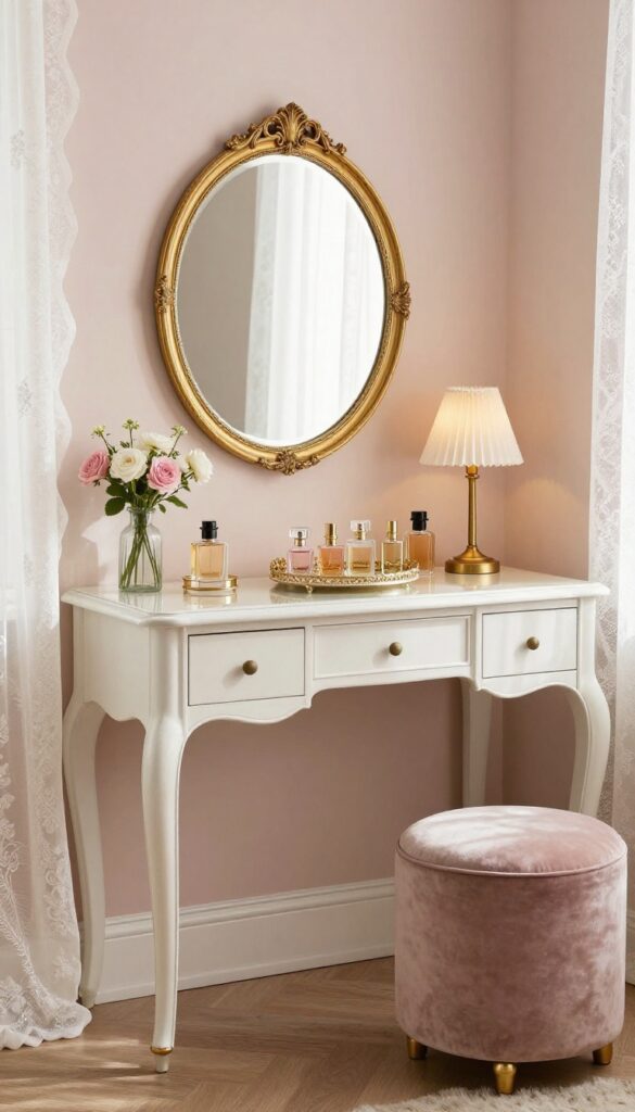 Vintage princess aesthetic bedroom vanity corner with an antique-style desk, round gilded mirror, perfume tray, and upholstered stool in bright natural light