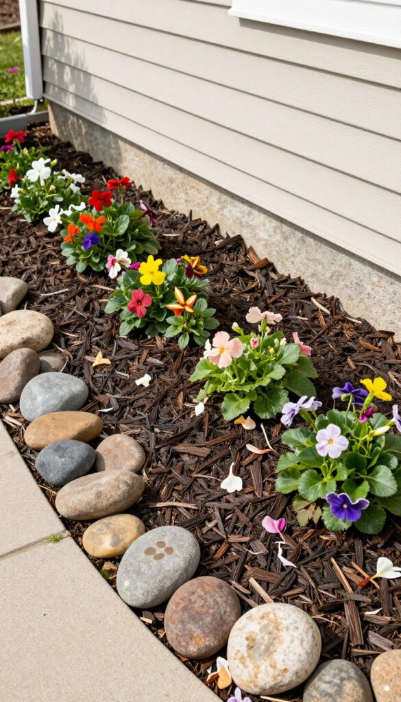 Front yard flower bed with dark mulch and smooth river rock accents bordering colorful flowers against light siding