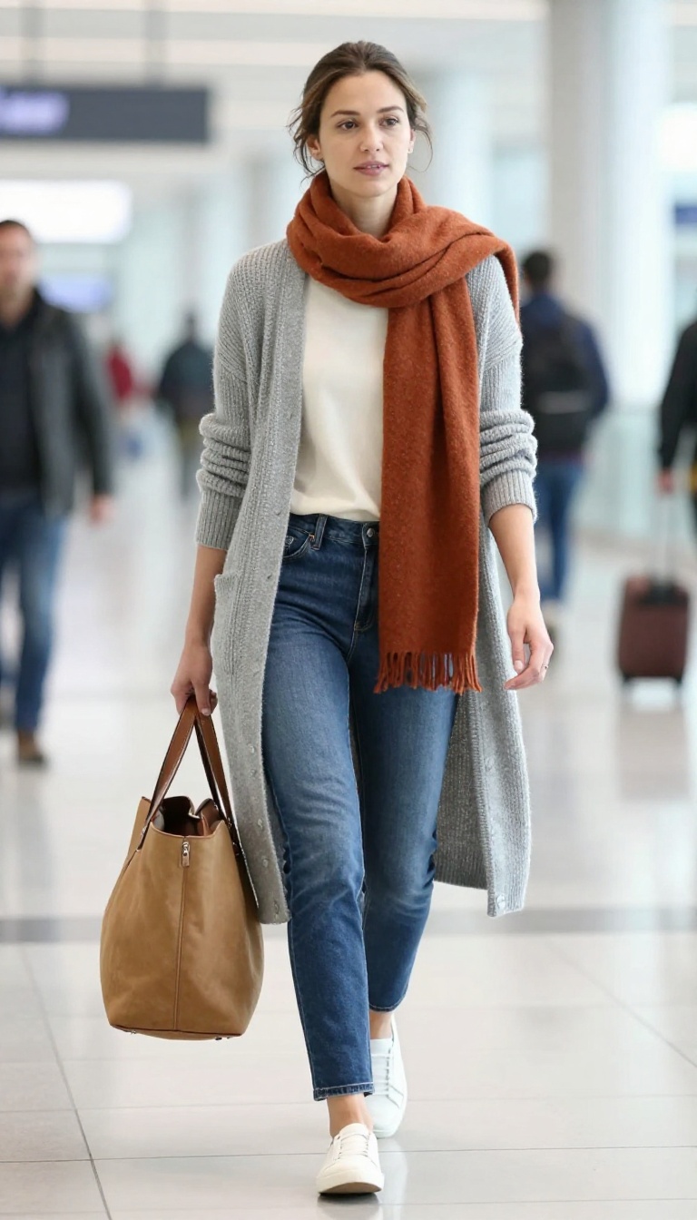 9. Cardigan and Apple Bottom Jeans for Comfortable Travel