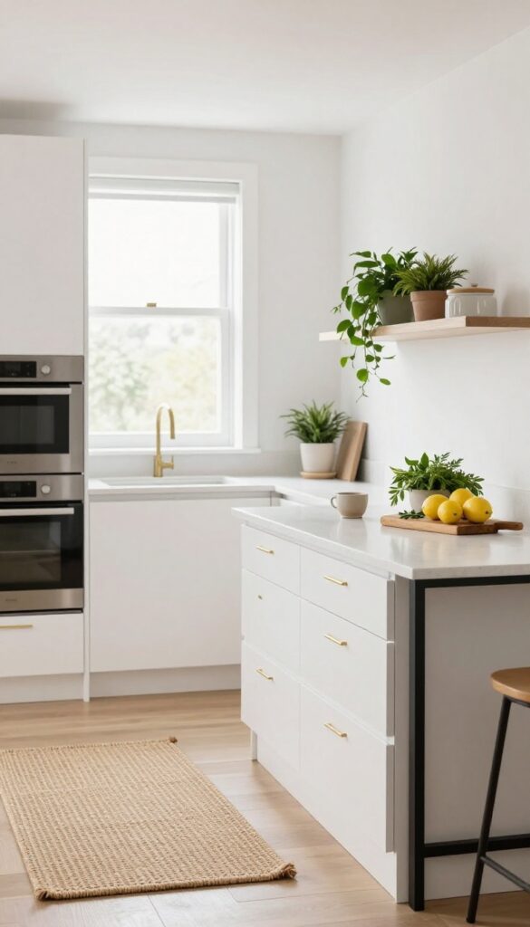 Modern galley kitchen with a slim waterfall-edge peninsula counter adding extra workspace and a small breakfast spot, bright natural light, white cabinets, black brackets, and fresh herbs on the counter.