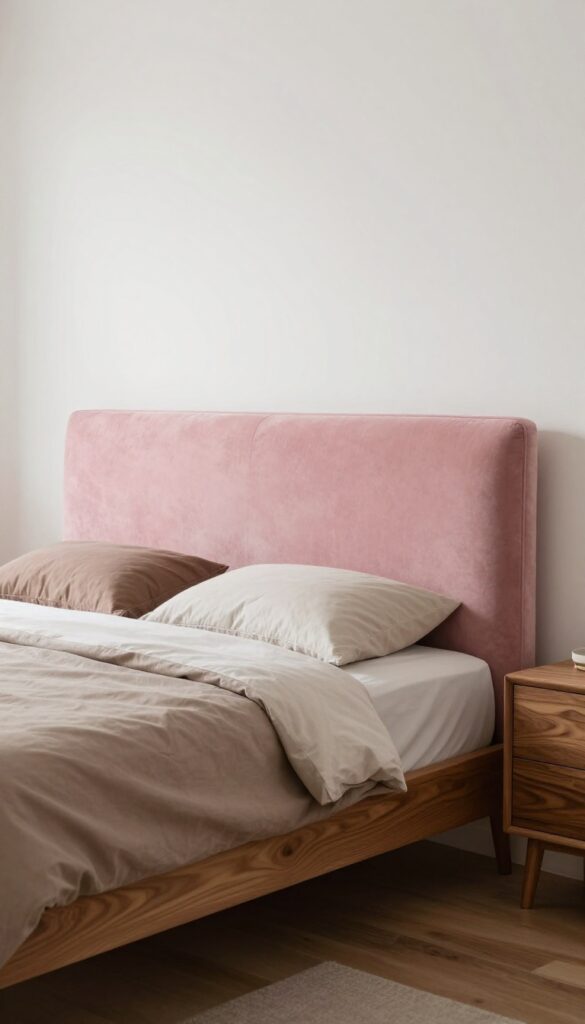 4. Pink Upholstered Headboard With Wood Nightstands idea