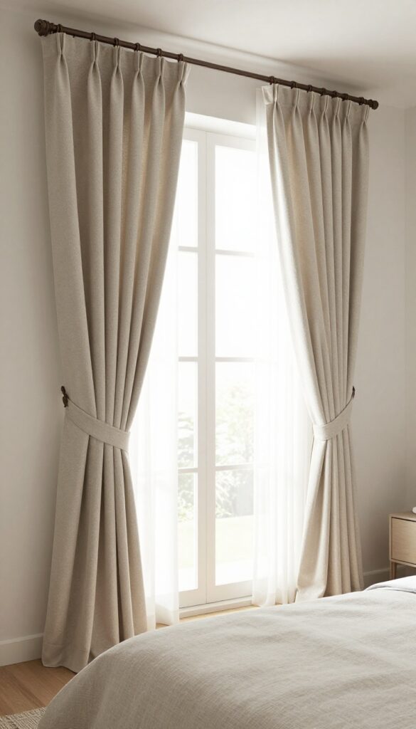 Bright bedroom with floor-length curtains pulled back symmetrically by fabric tiebacks, revealing decorative window trim and soft natural light.