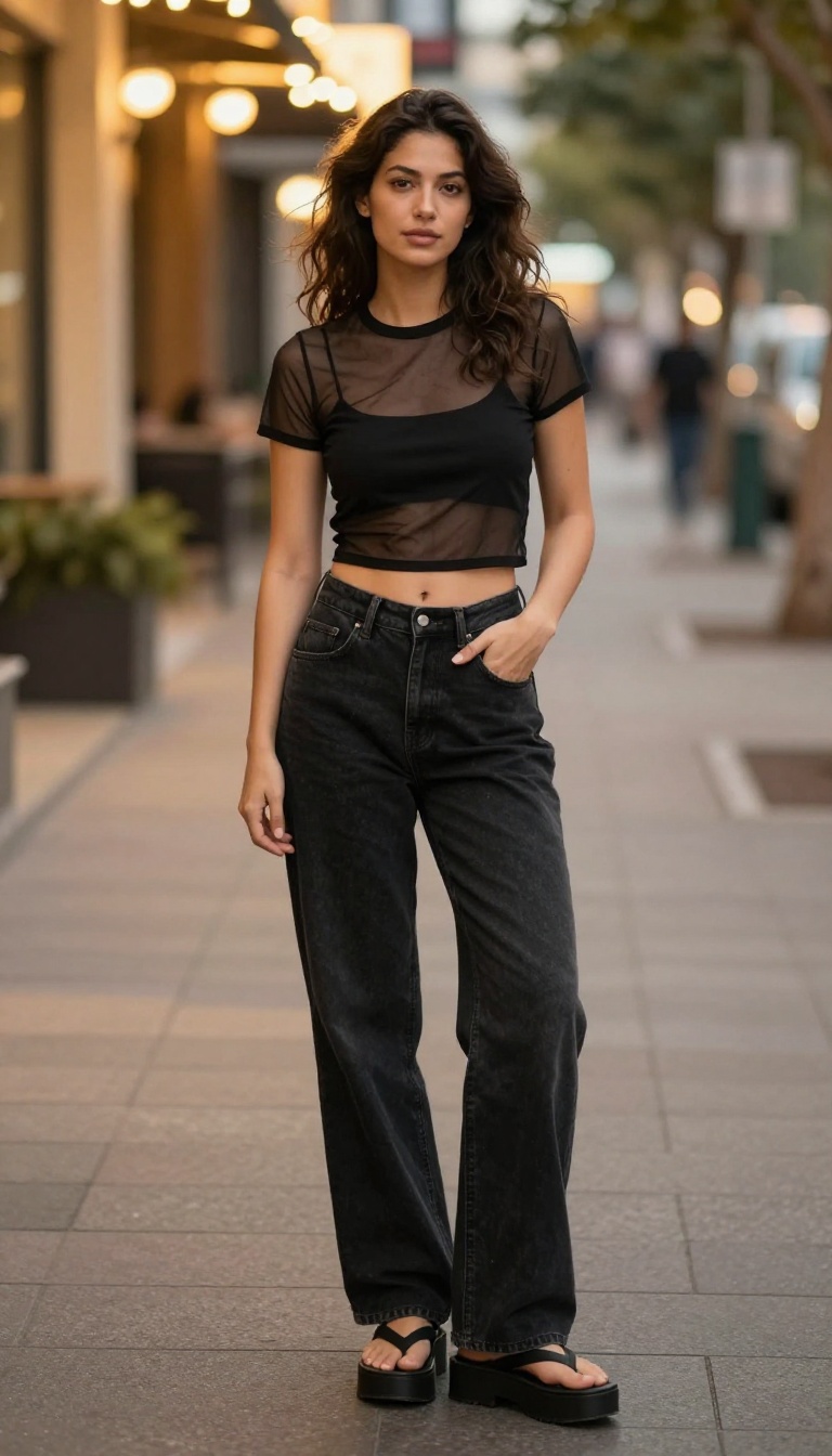 7. Wide-Leg Jeans + Mesh Top + Platform Flip-Flops