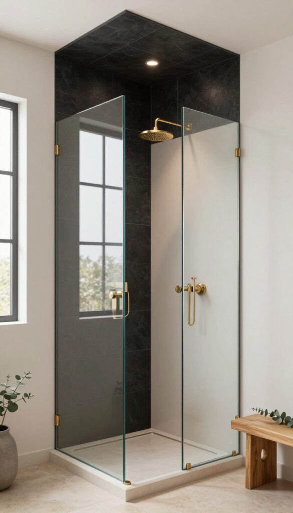 Modern walk-in shower with a black tiled ceiling, light walls, glass panel, and warm brass rain shower head in bright natural light.