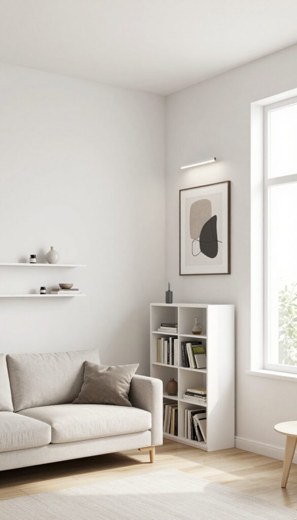 Bright small living room using tall bookcase, floating shelves, high-hung art, and wall lighting to maximize vertical space while keeping the floor open and uncluttered.