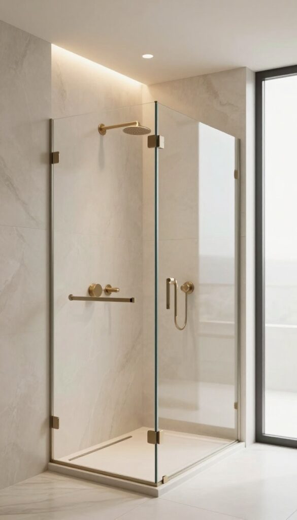 Bright modern walk-in shower with warm recessed ceiling lighting above the shower area, illuminating textured neutral tile walls and glass panel in a clean, elevated bathroom design.
