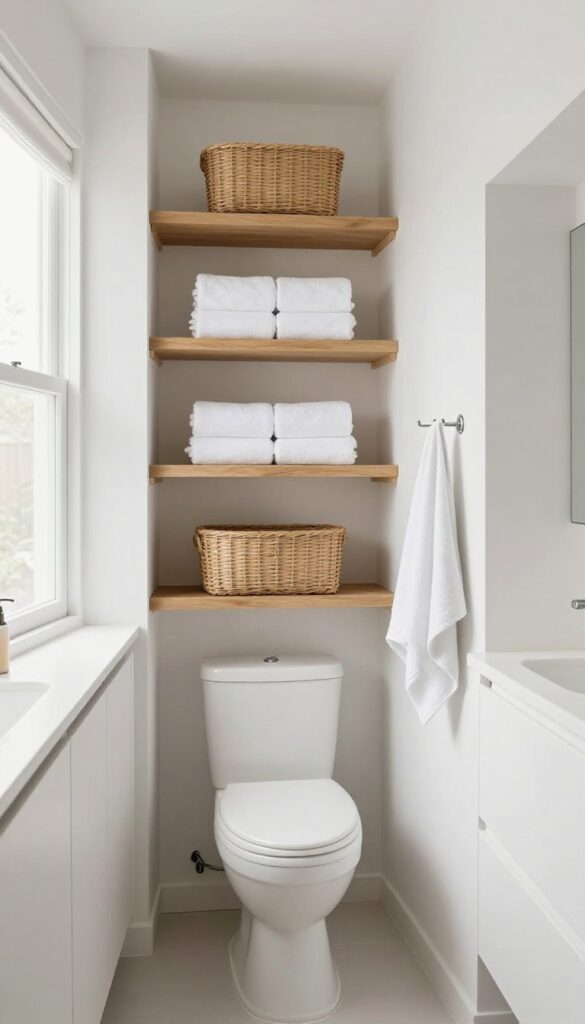 Bright small bathroom with tall vertical storage, slim floating shelves above a toilet, a narrow cabinet, and neatly arranged baskets and towels using wall height to feel more spacious