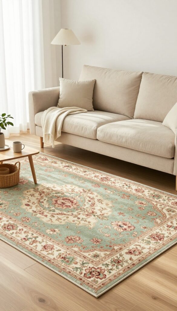 Bright living room with a neutral sofa placed on a large muted vintage floral area rug, styled with natural light and cozy decor.