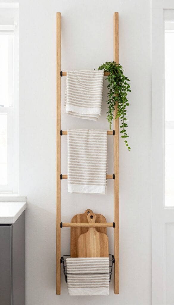 Tall narrow kitchen wall styled with a slim vertical ladder rack holding neutral towels, wooden cutting boards, a wire basket, and fresh greenery beside a refrigerator in bright natural light.