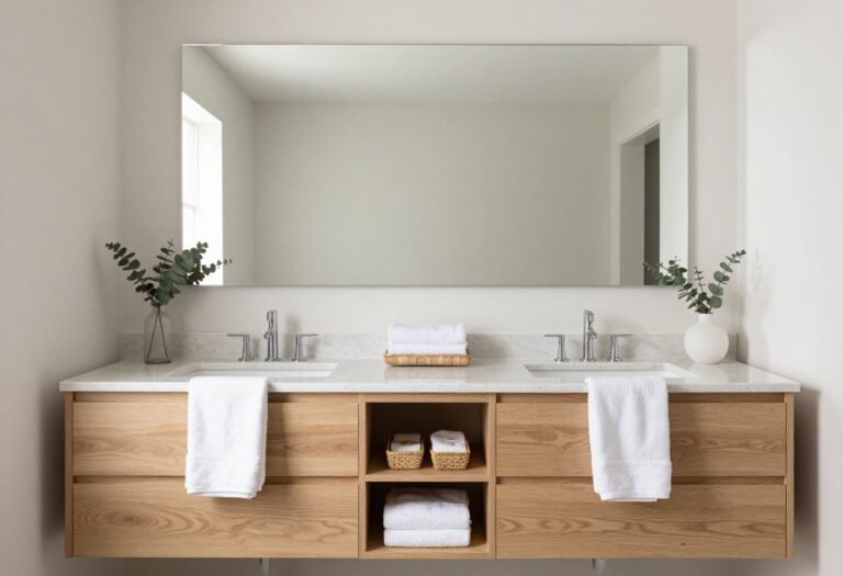 Bright symmetrical double sink bathroom vanity with two separate drawer stacks, stone countertop, large mirror, and neatly organized storage in a clean spa-like bathroom