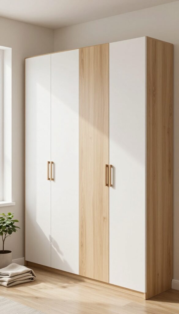 Modern bedroom wardrobe with matte white lower doors and light oak upper panels in a bright neutral room