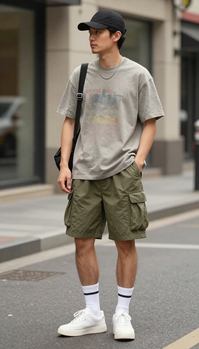 10. Graphic Tee with Cargo Shorts and Crew Socks