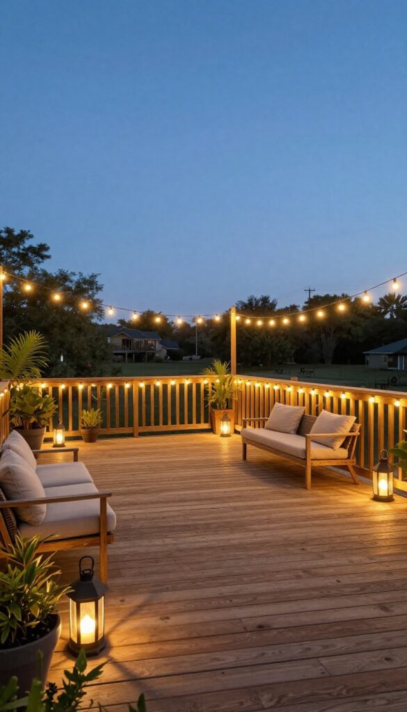 Warm white string lights strung along a wooden deck railing and overhead beams at dusk, creating a cozy glow over simple outdoor furniture and lanterns