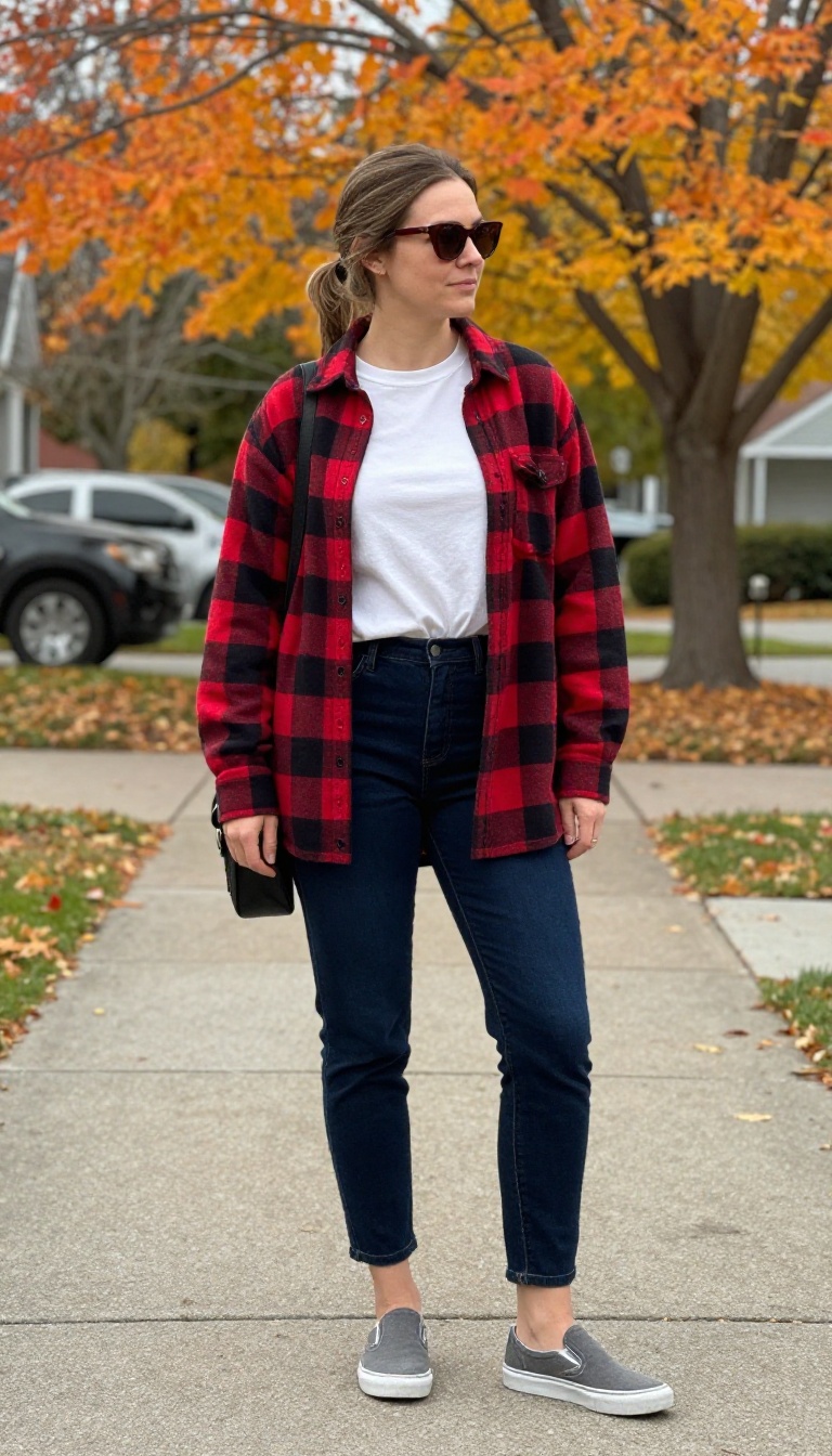 12. Jeggings with an Oversized Flannel and Slip-On Sneakers