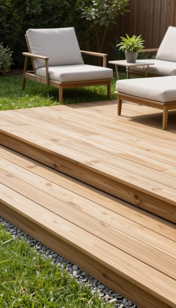 Low-profile floating wooden deck with slim outdoor seating in a small backyard, surrounded by grass and gravel under bright natural light.