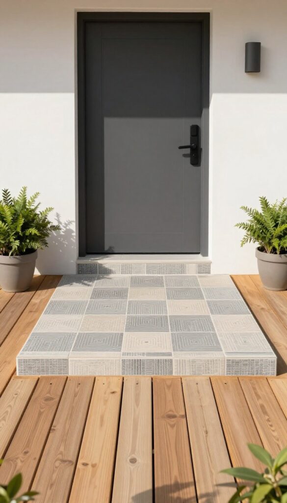 Front entrance deck with a small rectangular tile accent platform installed directly in front of the front door, contrasting with surrounding wood deck boards in bright natural light.