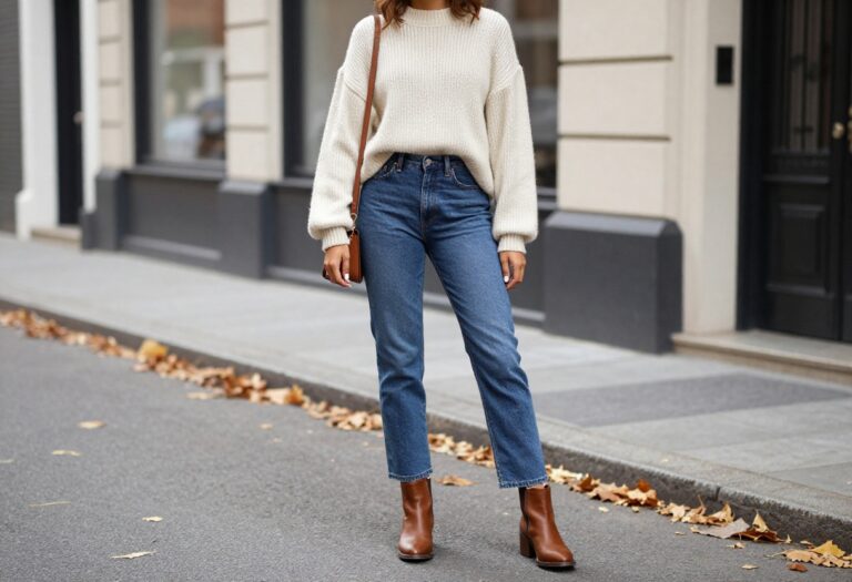 Woman wearing straight-leg jeans, chunky knit sweater, and ankle boots standing on a city street in autumn.