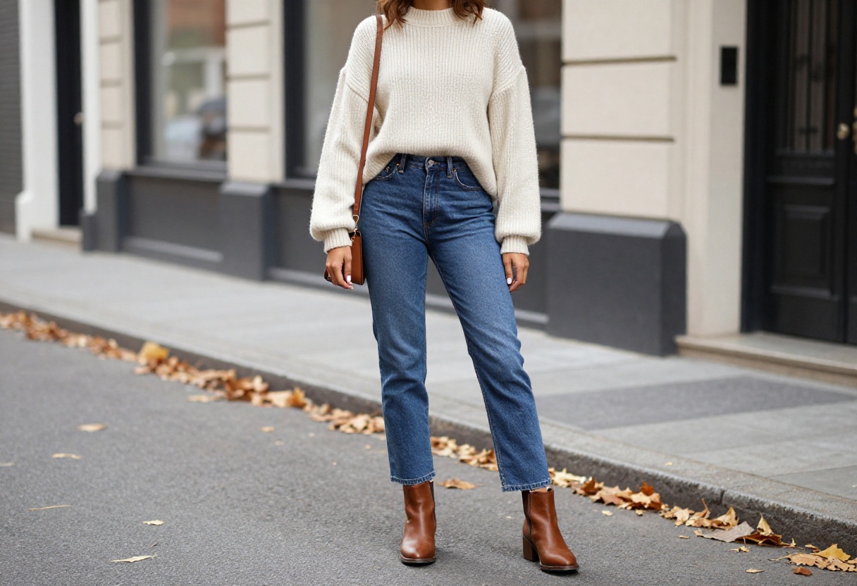 Woman wearing straight-leg jeans, chunky knit sweater, and ankle boots standing on a city street in autumn.