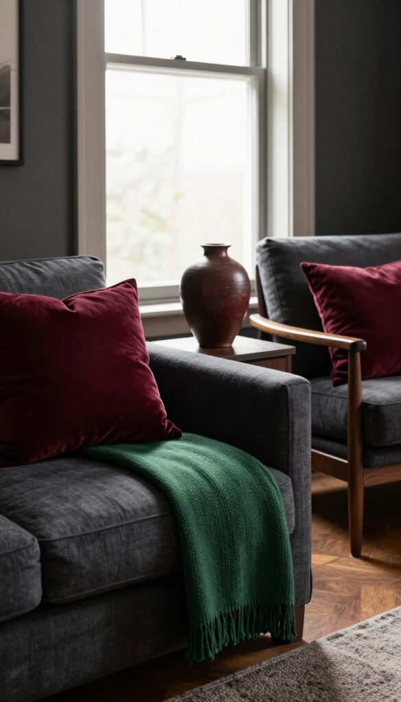 Moody living room with dark charcoal sofa accented by burgundy velvet pillows, a forest green knit throw, and a deep rust ceramic vase in bright natural light.
