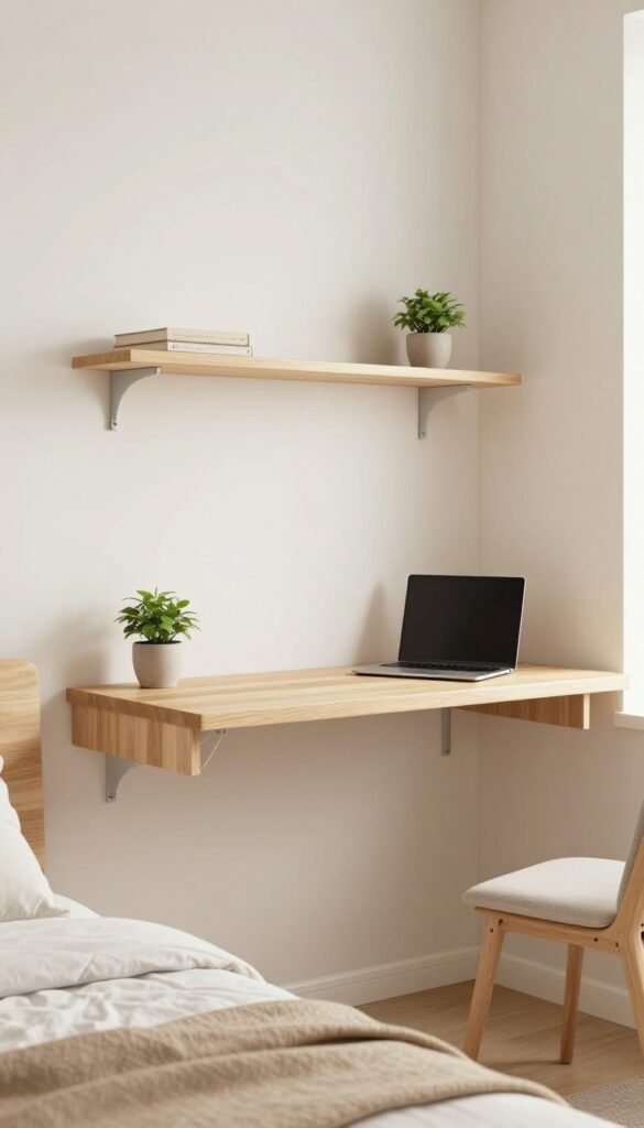 Bright bedroom with a wall-mounted floating wood desk and open floor space underneath, styled with a laptop and small plant.