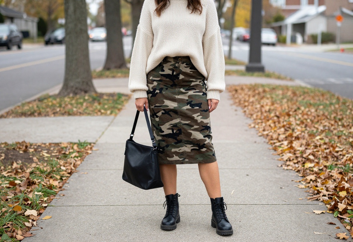 Woman wearing a camouflage midi skirt with an oversized cream sweater and black combat boots, standing on a leaf-strewn sidewalk in autumn.