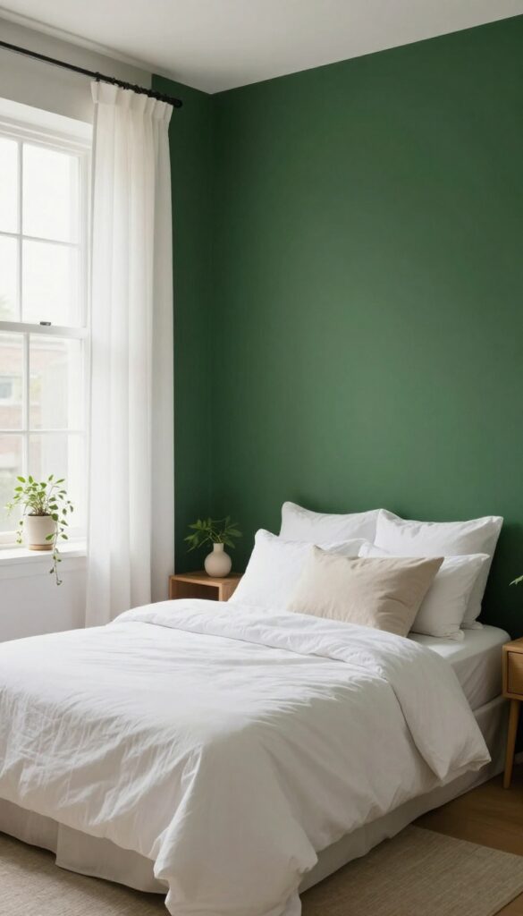 Bright bedroom with a deep forest green accent wall behind a white bed, neutral surrounding walls, wooden nightstand, and natural light through sheer curtains