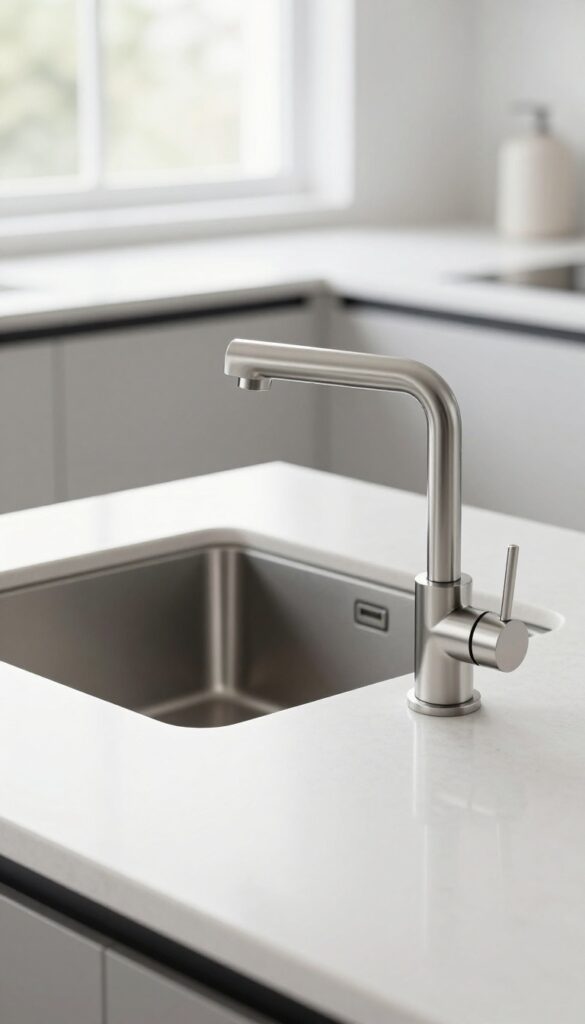 Modern minimalist pull-down sprayer kitchen faucet with a single side handle on a clean countertop in bright natural light