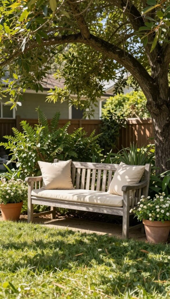 Small wooden bench with neutral cushions nestled under a shade tree in a front yard, surrounded by potted greenery and flowering plants in bright natural light